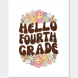 Groovy Hello 4th Grade Vibes Retro Teacher Back To School Posters and Art